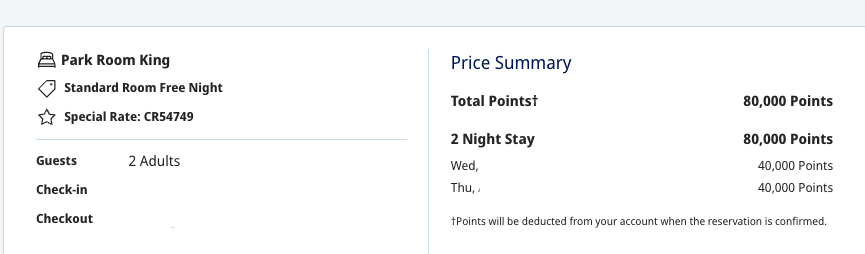 Screenshot of an award booking with point pricing for two nights at the Park Hyatt Paris - Vendome.