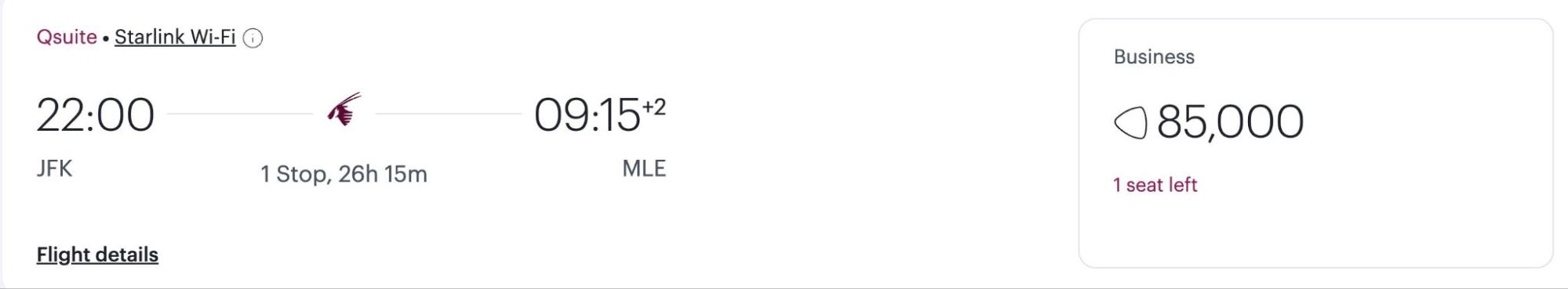 Screenshot of an award booking using Qatar Avios points for a business-class flight on Qatar Airways between New York and the Maldives.