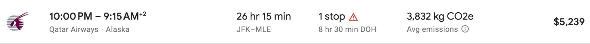 Screenshot of cash price of a business-class flight on Qatar Airways between New York and the Maldives.