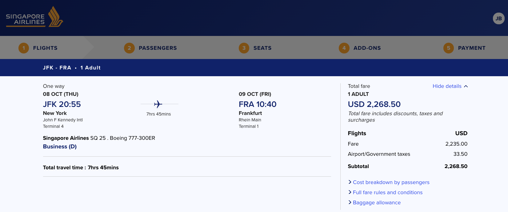 Screenshot of a cash booking on Singapore Airlines from New York to Frankfurt in business class.