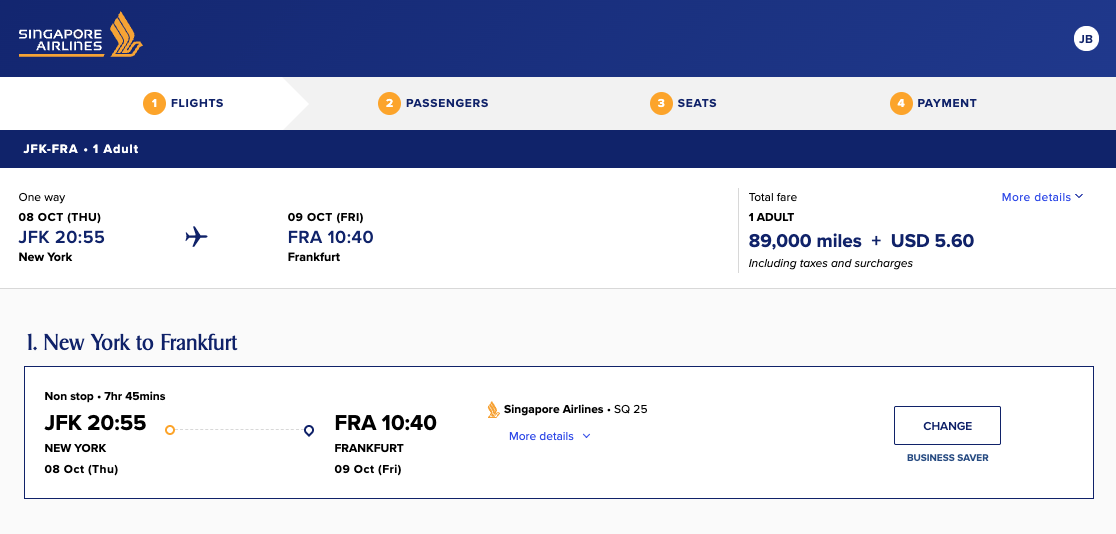 Screenshot of a Singapore Airlines award booking in business class using Singapore miles from New York to Frankfurt.