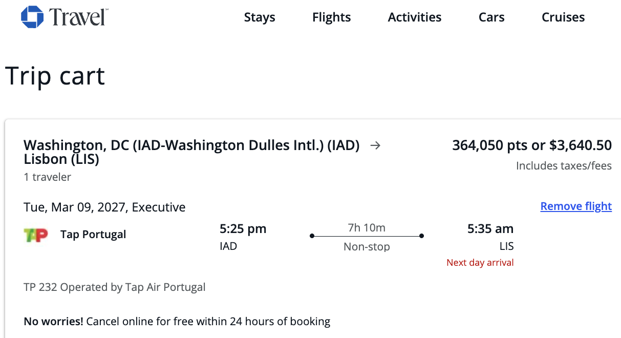 Screenshot of a Chase Travel booking for a business-class flight on TAP Air Portugal from Washington Dulles to Lisbon.