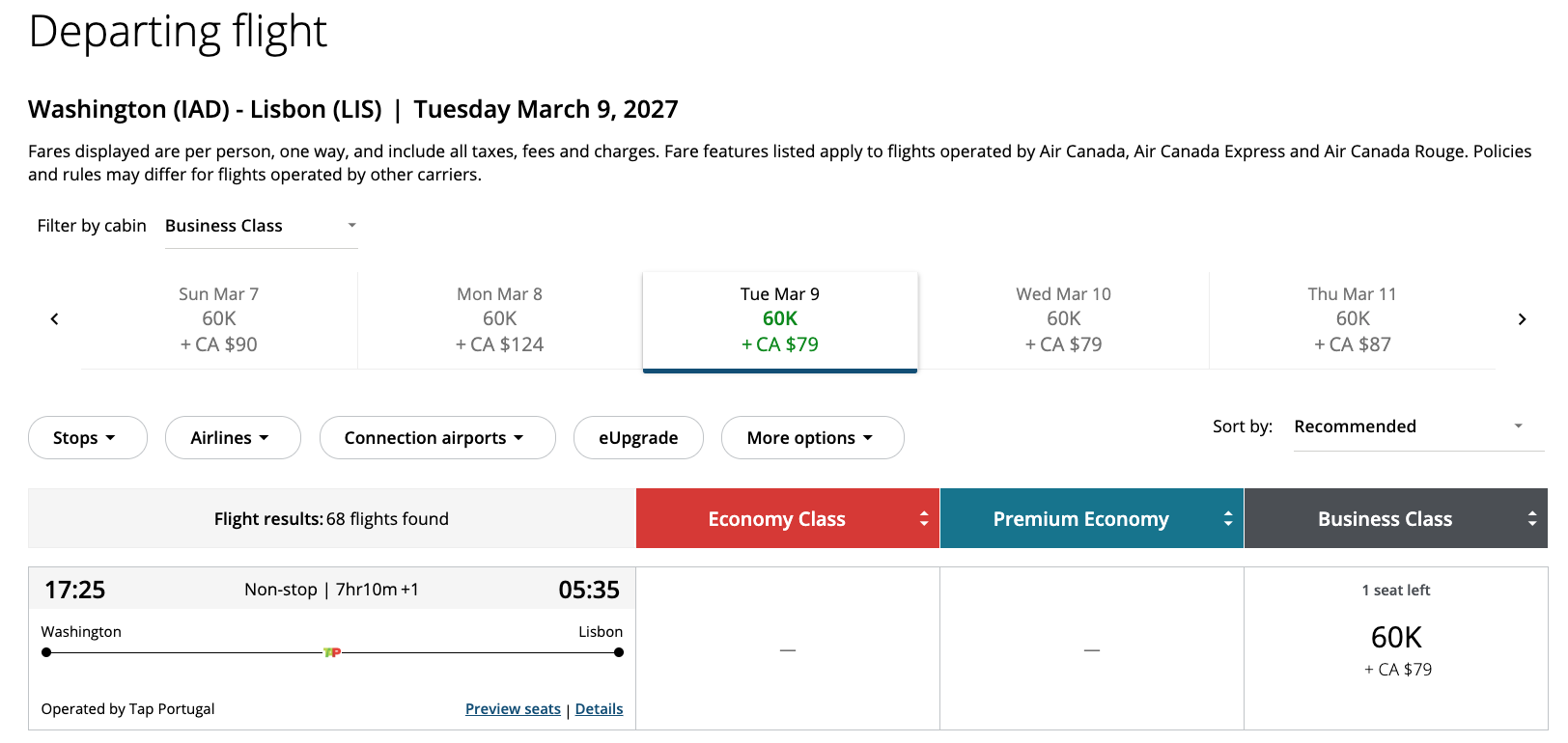 Screenshot of a business-class award flight search from Washington Dulles to Lisbonu using Air Canada Aeroplan points.