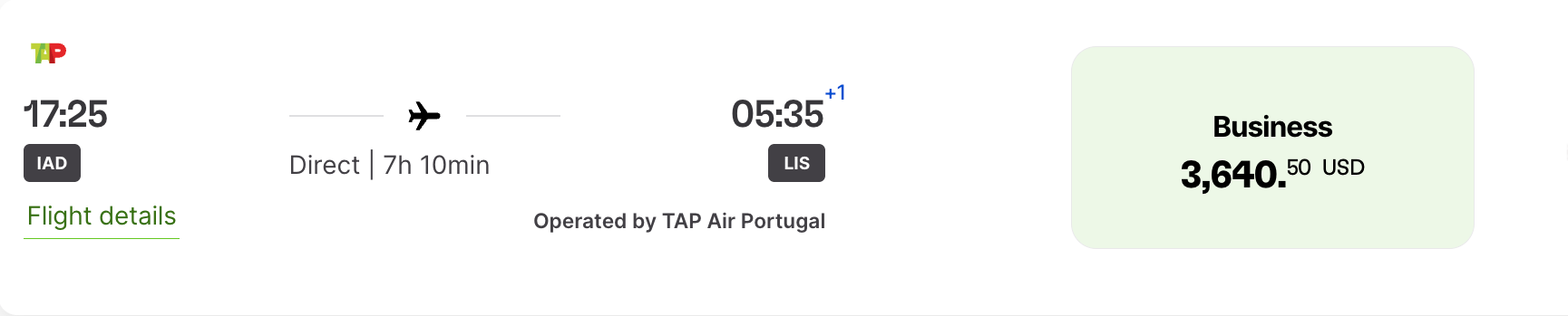 Screenshot with cash price of a business-class ticket from Washington Dulles to Lisbon on TAP Air Portugal.