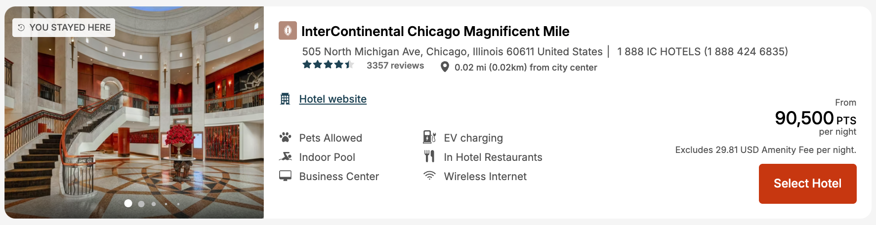 Screenshot of an award booking using IHG points at the InterContinental Magnificent Mile in Chicago.
